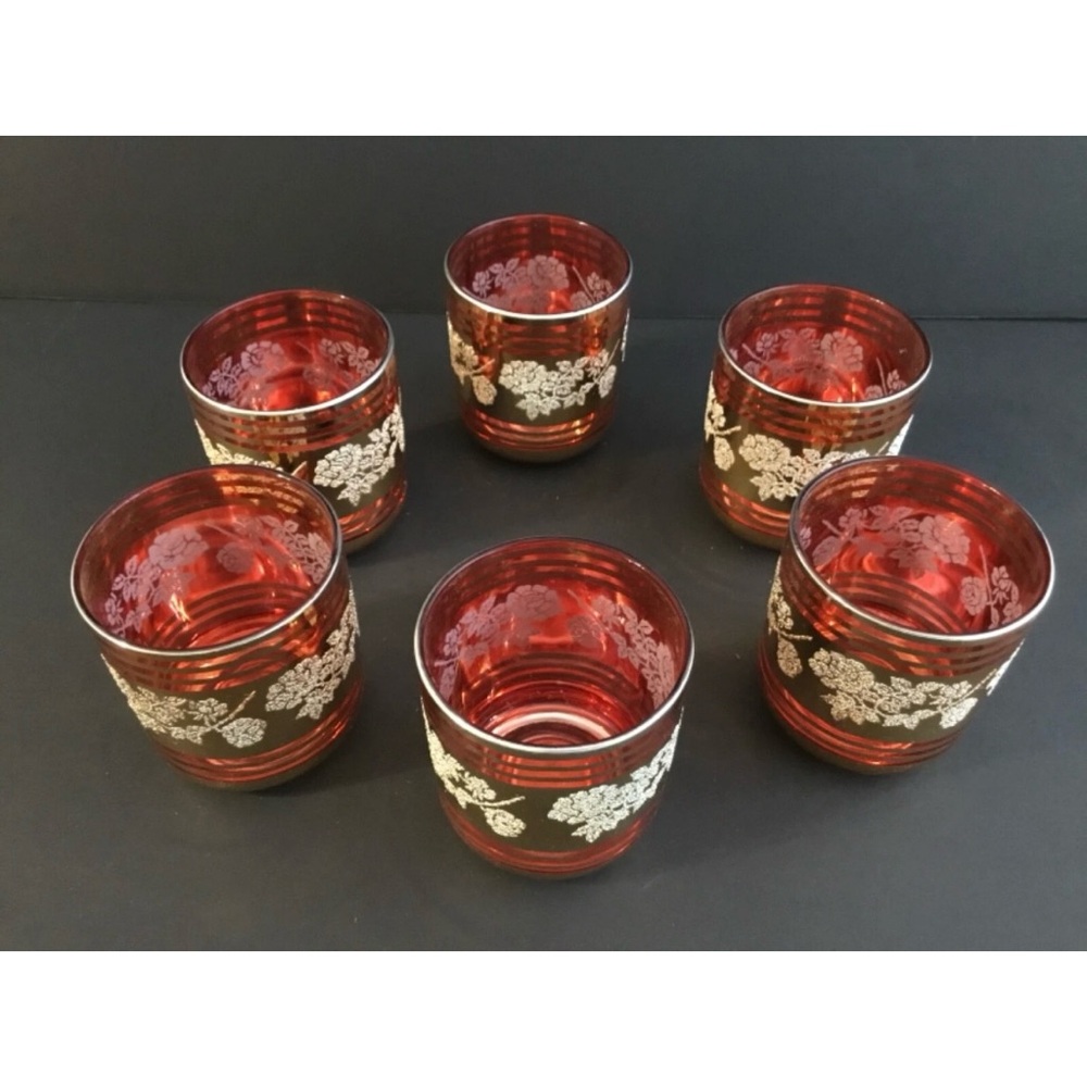 Mid Century Crown Ruby Gold Glitter Embossed 6 oz Tumblers 6 Piece Set Vintage - Picture 2 of 9